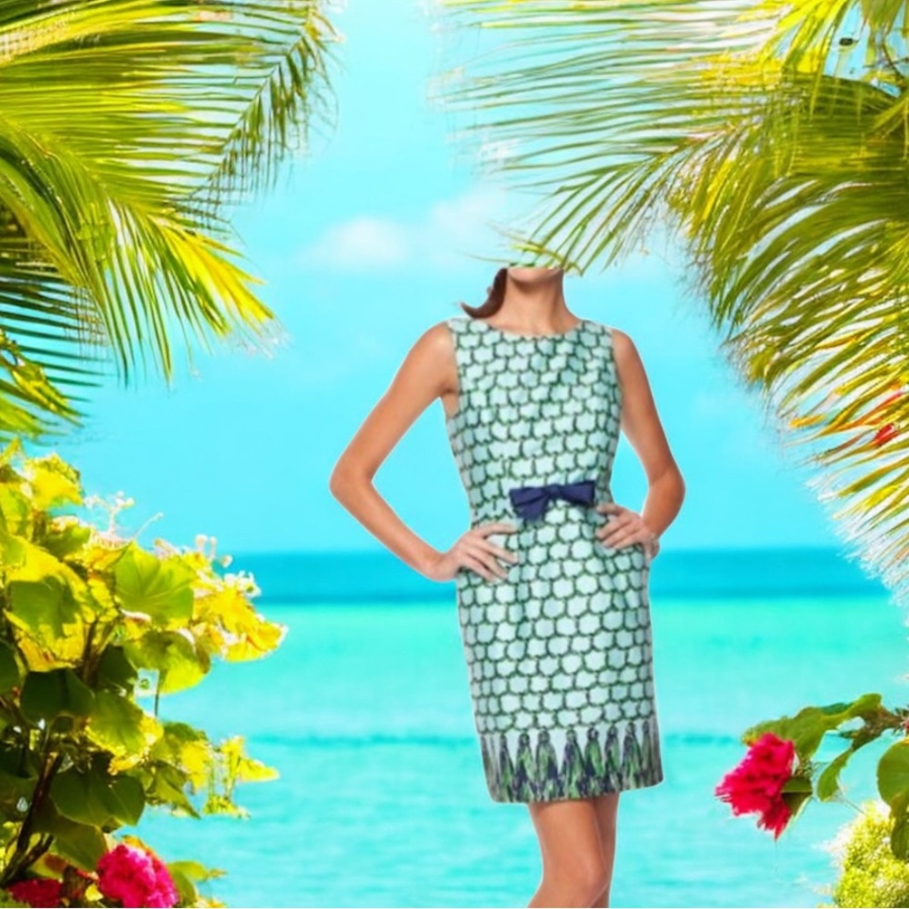 Lilly Pulitzer Evie blue green macrame print shift dress size. 8